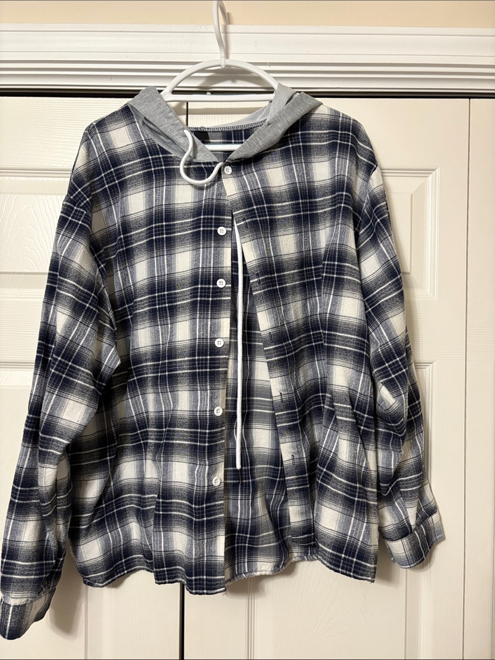Men’s Navy & White Plaid Hooded Shirt Jacket